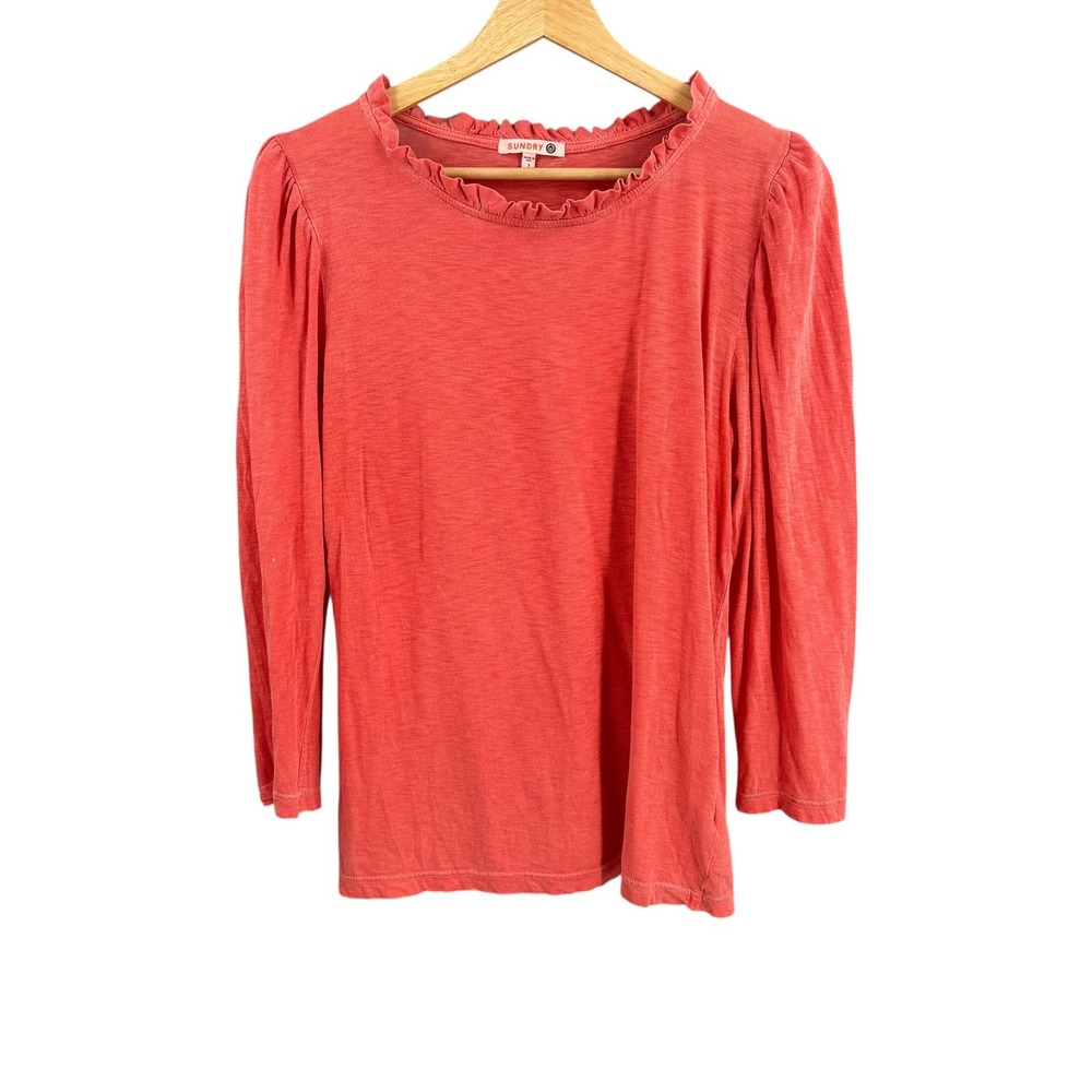 Sundry Orange Ruffle Neck Long Sleeve Tee Size 1 / Small Pima Cotton Made in USA